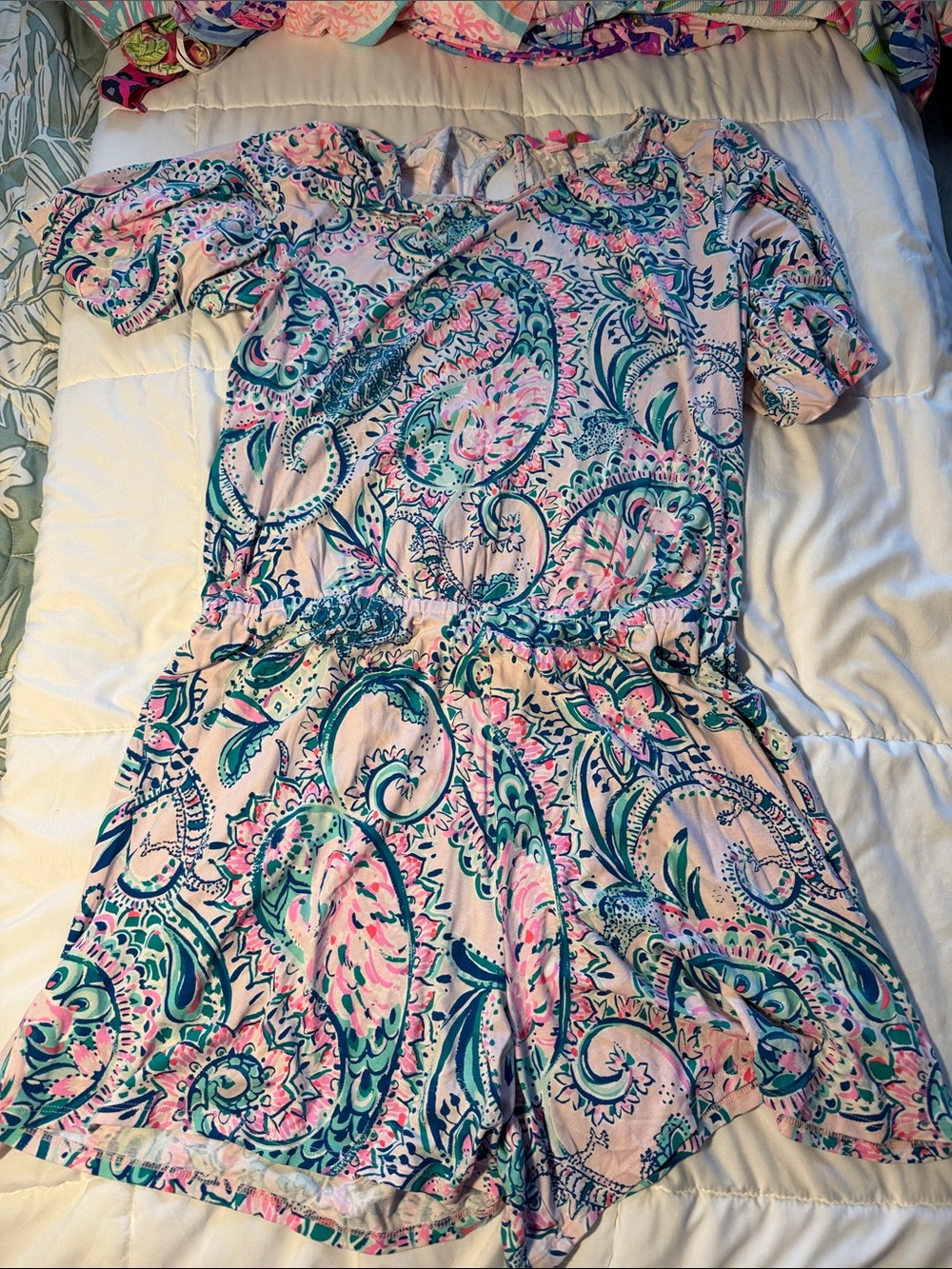 Lilly Pulitzer Pink Paisley Short Sleeve Romper with Teal Accents